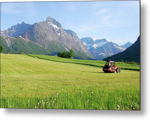 Scenics Metal Print featuring the photograph Tractor And Montains In Norway by Jean-philippe Tournut