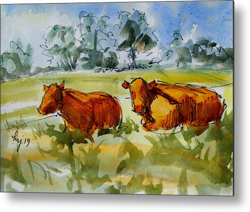 Cow Metal Print featuring the mixed media Two Red Poll Cows Lying Down Watercolour Painting by Mike Jory