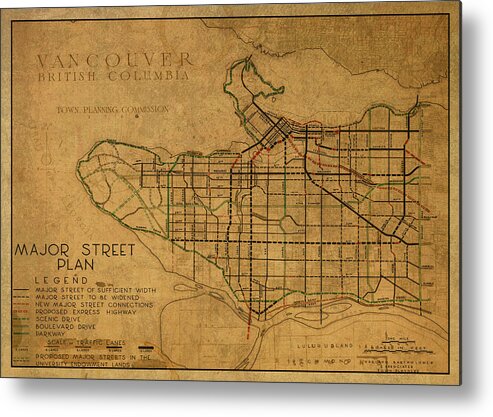 Vintage Metal Print featuring the mixed media Vintage Map of Vancouver Canada 1946 by Design Turnpike