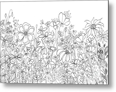 Whimsical Flowers Metal Print featuring the drawing Whimsical Flower Garden - Hand Drawing Line Art Doodles by Patricia Awapara