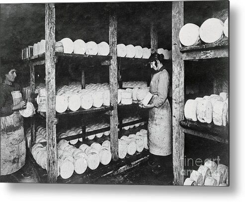 Cheese Metal Print featuring the photograph Woman Scraping Mold Off Cheese by Bettmann