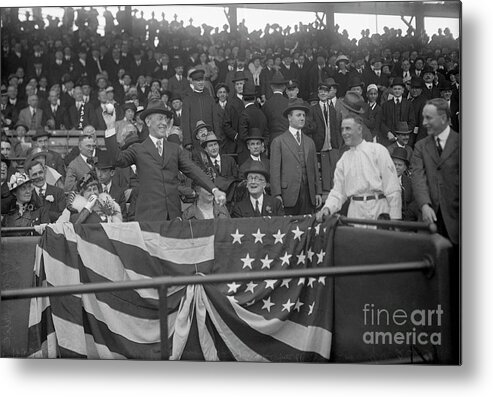 Crowd Of People Metal Print featuring the photograph Woodrow Wilson Throwing First Ball by Bettmann
