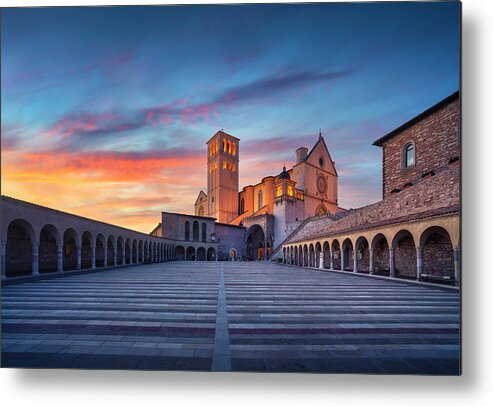 Assisi Metal Print featuring the photograph Assisi, San Francesco Basilica church at sunset. Umbria, Italy. by Stefano Orazzini