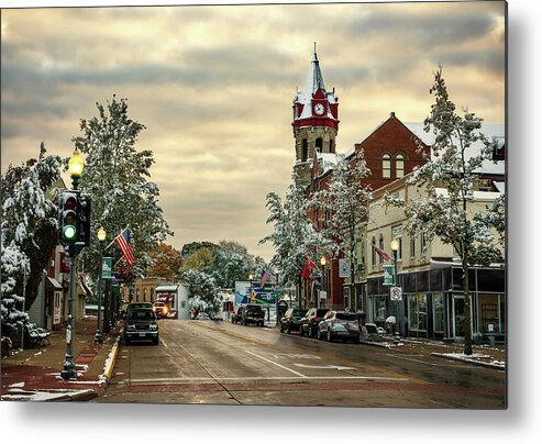 Stoughton Metal Print featuring the photograph Beautiful Bedazzled Burg - Stoughton Wisconsin dusted with snow with fall colors still showing by Peter Herman