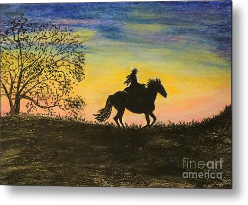 Sunset Metal Print featuring the painting Granddaughter on a Mule by Lisa Rose Musselwhite