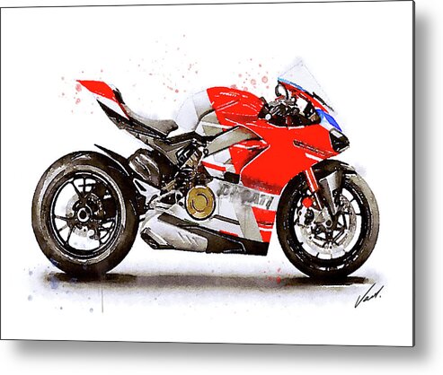 Sport Metal Print featuring the painting Watercolor Ducati Panigale V4S motorcycle, oryginal artwork by Vart #1 by Vart Studio