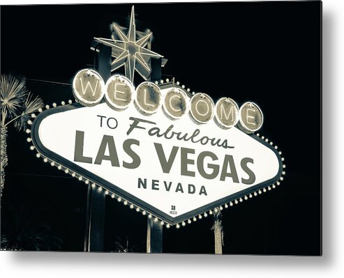 Las Vegas Sign Metal Print featuring the photograph Welcome to Las Vegas Neon Sign in Sepia - Nevada USA #1 by Gregory Ballos