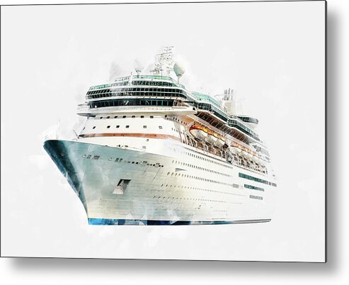 Drawing Metal Print featuring the digital art Watercolor drawing of cruise ship isolated on white background, modern ocean liner by Maria Kray