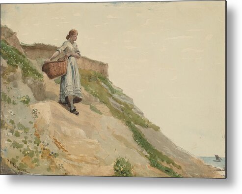 Winslow Homer Metal Print featuring the drawing Girl Carrying a Basket #4 by Winslow Homer