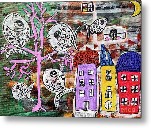 Fish Metal Print featuring the mixed media 5 Happy Fish Swimming to Town by Mimulux Patricia No