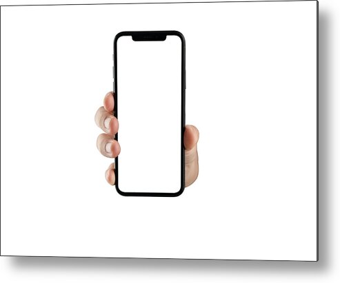 Empty Metal Print featuring the photograph Close Up Hand Hold Phone Isolated On White, Mock-up Smartphone White Color Blank Screen #7 by Issarawat Tattong
