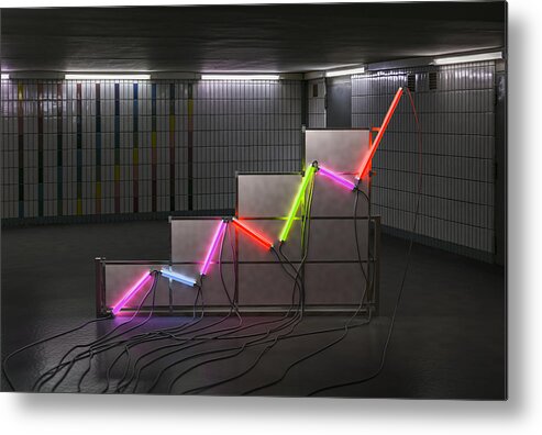 Forecasting Metal Print featuring the photograph A graph made of neon tubes in a room by Jonathan Kitchen