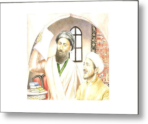 Nabil-i-akbar And Student From Qa'in Metal Print featuring the painting A student of Qa'in in Persia has presented Nabil-i-Akbar with the Writings of Baha'u'llah by Sue Podger