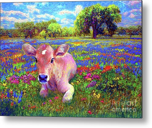 Landscape Metal Print featuring the painting A Very Content Cow by Jane Small