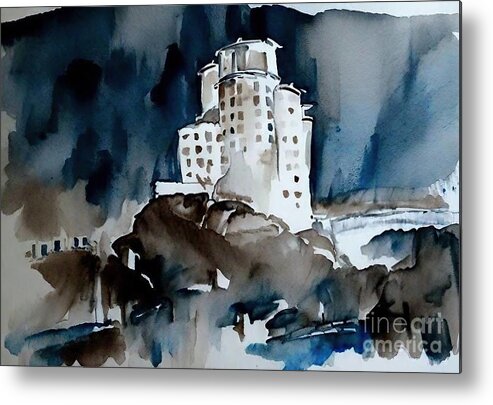 Sky Metal Print featuring the painting abbey Painting sky abbey architecture landscape mountain air architecture art autumn background bilding blue building castle christmas city clouds color darkness drawing era fabulous fairytale by N Akkash