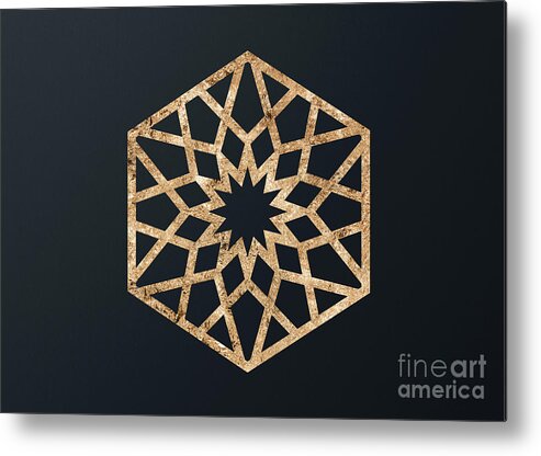 Glyph Metal Print featuring the mixed media Abstract Geometric Gold Glyph Art on Dark Teal Blue 420 Horizontal by Holy Rock Design