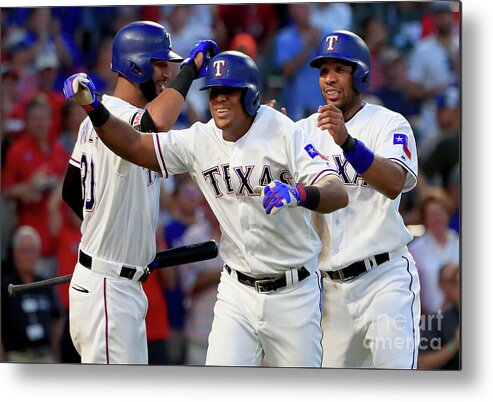 Adrian Beltre Metal Print featuring the photograph Adrian Beltre, Elvis Andrus, and Nomar Mazara by Tom Pennington