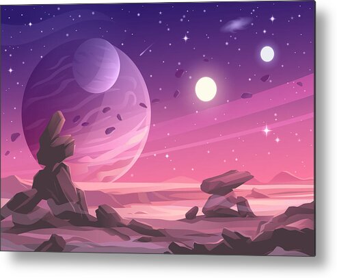 Panoramic Metal Print featuring the drawing Alien Planet Landscape Under A Purple Sky by Kbeis