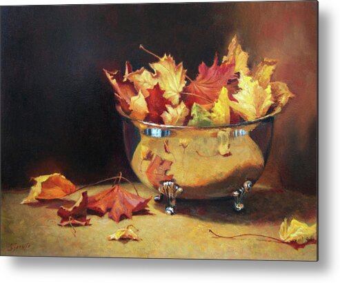 Still Life Metal Print featuring the painting Autumn In A Silver Bowl by Susan N Jarvis