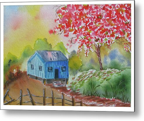 Flamboyant Metal Print featuring the painting Blue wooden Home by Gloria E Barreto-Rodriguez