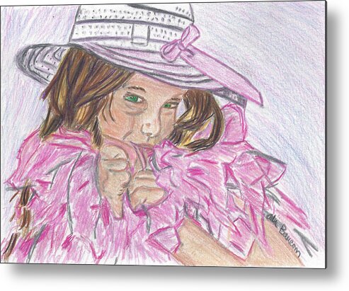 Boa Metal Print featuring the drawing Boa Baby Colored Pencil Drawing of a Young Girl wearing a White Hat and Pink Feathery Boa by Ali Baucom