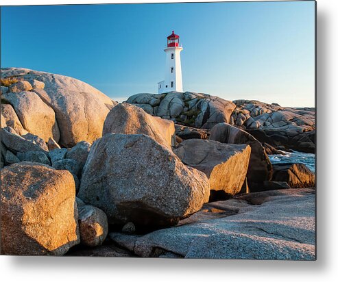 Boulders Metal Print featuring the photograph Boulders and Peggy's Cove Lighthouse by Ginger Stein