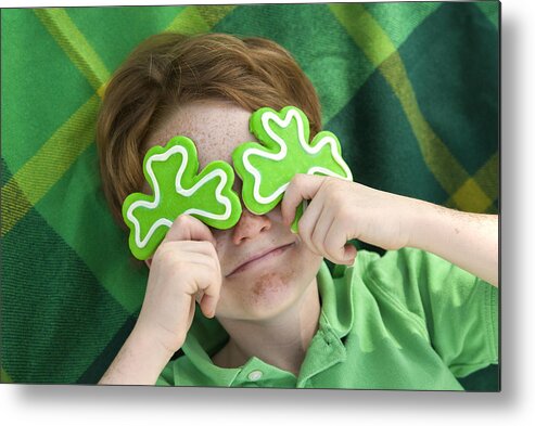 Hiding Metal Print featuring the photograph Boy Leprechaun, Smiling Irish Child & St. Patrick's Day Shamrock Cookies by Funwithfood