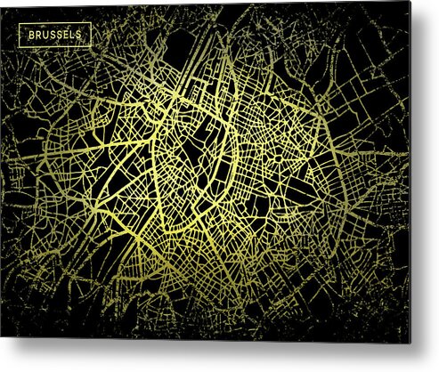 Map Metal Print featuring the digital art Brussels Map in Gold and Black by Sambel Pedes