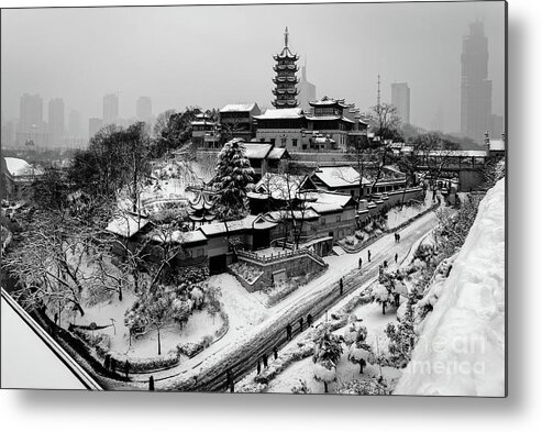 China Metal Print featuring the photograph Buddha - Jiming Temple in the Snow - Black-and-White version by Dean Harte