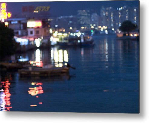 Tranquility Metal Print featuring the photograph Burred lights reflected in harbour water by Lyn Holly Coorg