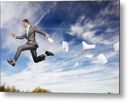 Corporate Business Metal Print featuring the photograph Business Man In Mid Air With Paper by Tara Moore