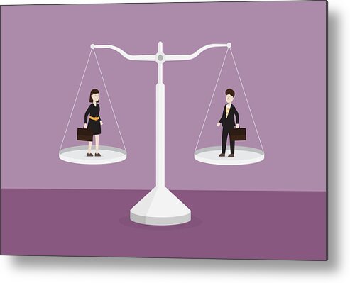 Working Metal Print featuring the drawing Businessman and businesswoman on the scale by Tommy