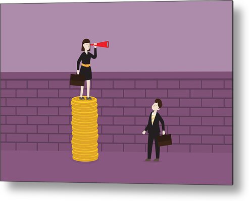 People Metal Print featuring the drawing Businesswoman with a telescope stands on a stack of the coin for looking over the wall by Tommy