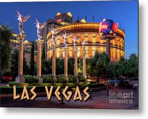 Post Card Metal Print featuring the photograph Caesars Palace Coloseum at Night With Winged Angels at Dusk Post Card by Aloha Art