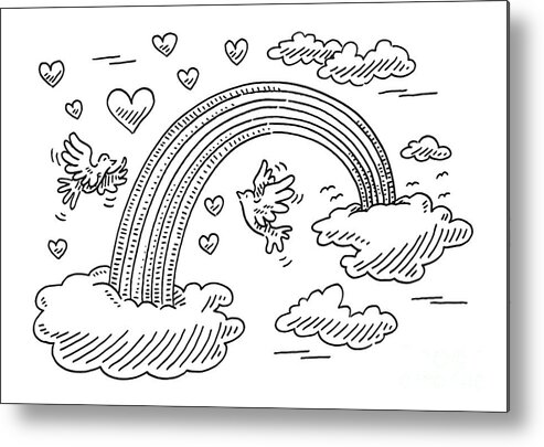 Sketch Metal Print featuring the drawing Cartoon Rainbow And Peace Doves Drawing by Frank Ramspott