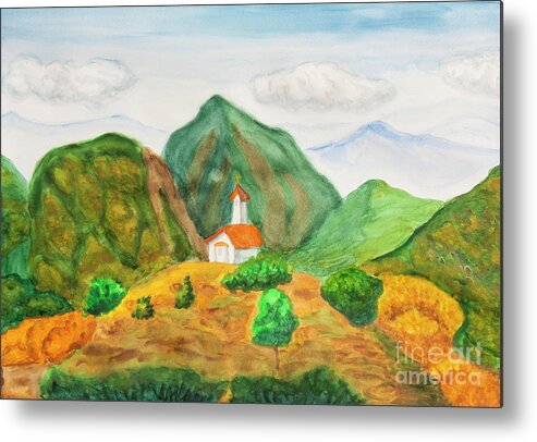 Mountain Metal Print featuring the painting Chapel in mountains, watercolor painting. by Irina Afonskaya