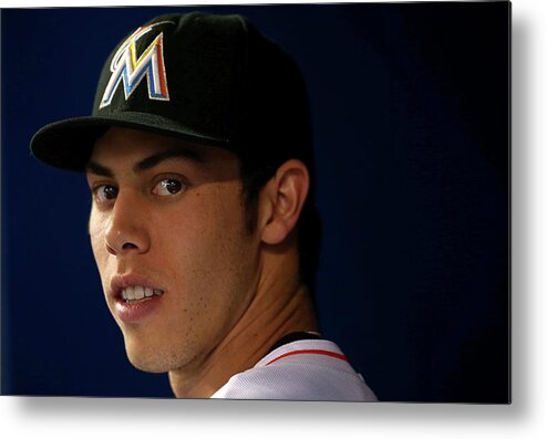 American League Baseball Metal Print featuring the photograph Christian Yelich by Mike Ehrmann