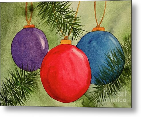 Christmas Metal Print featuring the painting Christmas Balls and Pine Branches by Lisa Neuman