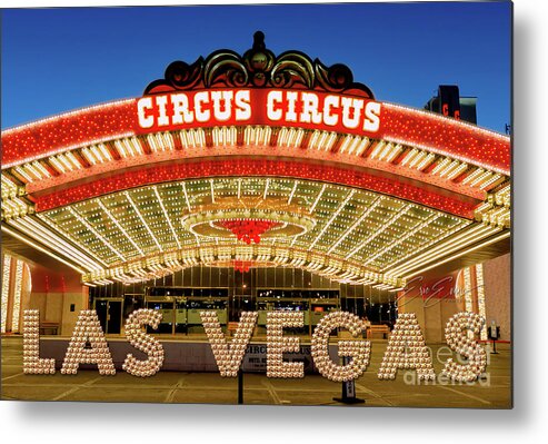 Post Card Metal Print featuring the photograph Circus Circus Casino Outside Main Entrance at Dusk Post Card by Aloha Art