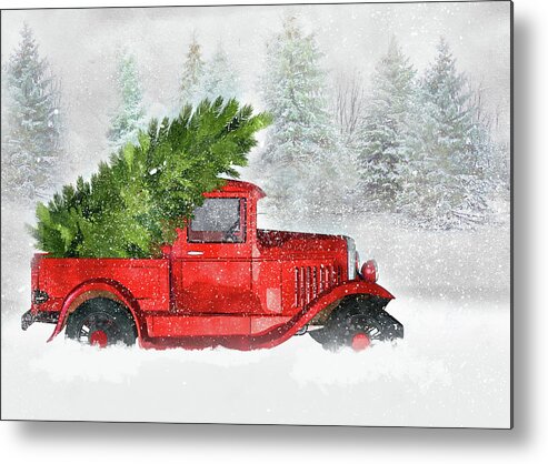 Christmas Metal Print featuring the digital art Classic Holiday Vintage Red Truck by Doreen Erhardt