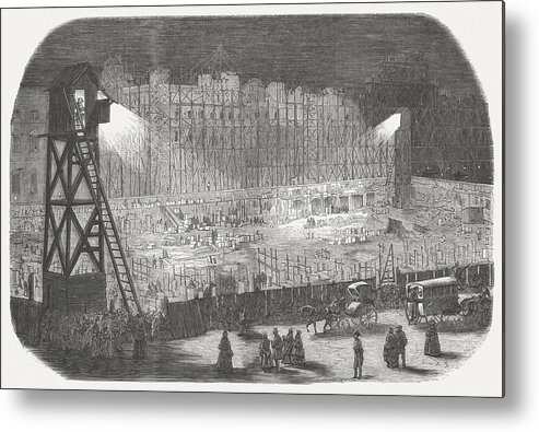 Built Structure Metal Print featuring the drawing Construction of the Rivoli street (Paris), electric lighting, 19th century by Zu_09