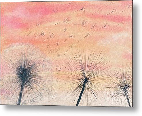 Dandelions Metal Print featuring the painting Dandelions at Sunset by Lisa Neuman