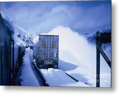 Train Metal Print featuring the photograph VINTAGE RAILROAD - Donner Summit Digging Out a Piggyback Train by John and Sheri Cockrell
