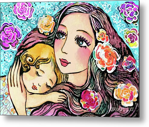 Mother And Child Metal Print featuring the painting Dreaming in Roses by Eva Campbell