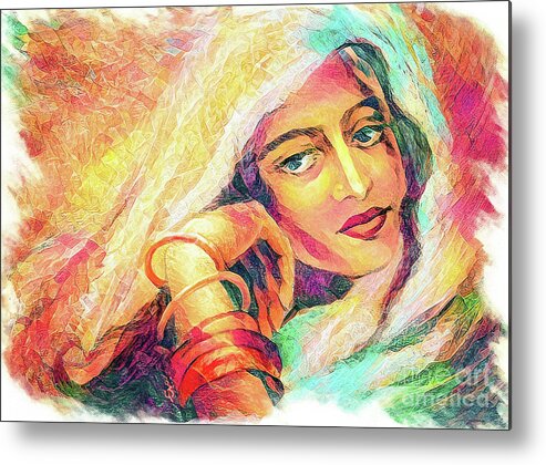 Indian Woman Metal Print featuring the painting Dreaming Under The Sunset Light by Eva Campbell