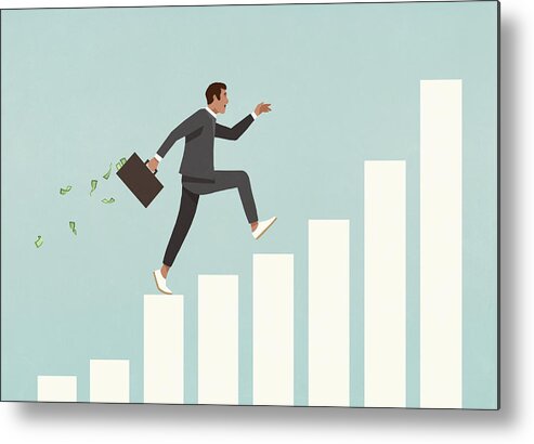 People Metal Print featuring the drawing Eager businessman with briefcase of money running up ascending bar graph by Malte Mueller