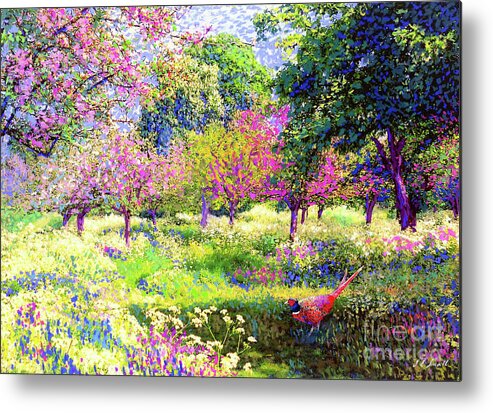 Floral Metal Print featuring the painting Echoes from Heaven, Spring Orchard Blossom and Pheasant by Jane Small