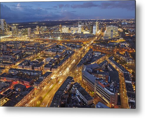 Netherlands Metal Print featuring the photograph Elevated view of skyline of the Hague at dusk by Allan Baxter