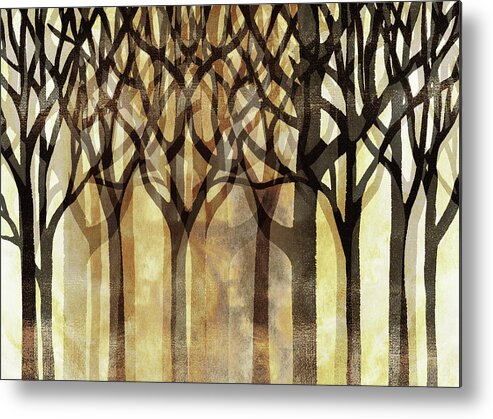 Abstract Forest Metal Print featuring the painting Enchanted Forest Watercolor Silhouette Trees Branches Warm Beige Brown Gold by Irina Sztukowski