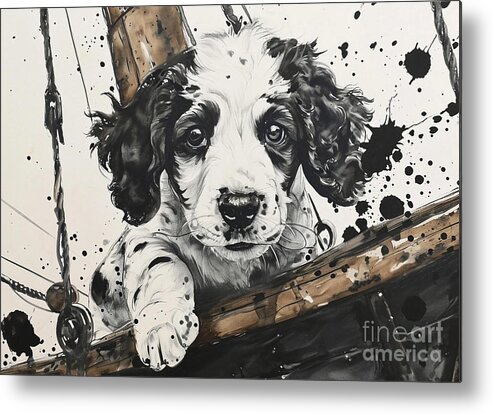 Baby Metal Print featuring the drawing Energetic English Setter Buccaneer Takes Charge of a Pirate Vessel by Adrien Efren